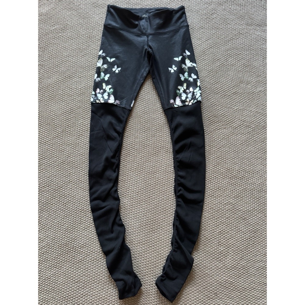 Alo Women's Yoga Goddess Leggings Black Ribbed Low Rise Butterfly Design Sz Xs